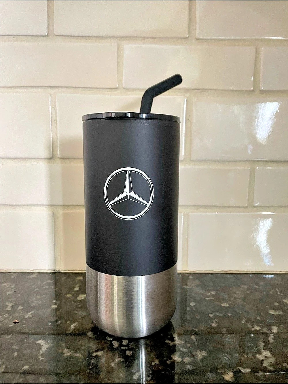 Mercedes-Benz Insulated Tumbler with Straw in Black & Silver